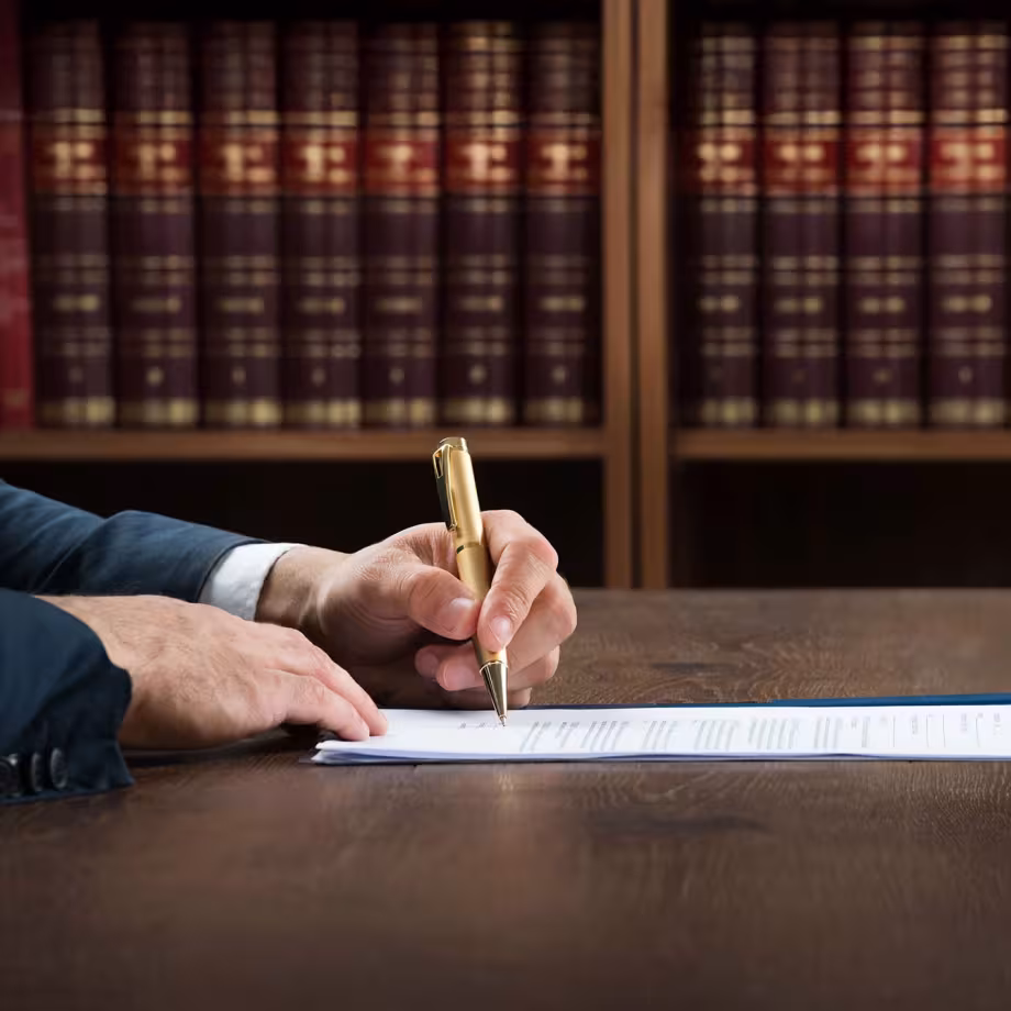 A hand with a gold pen signs a document on a wooden table, with law books in the background.
